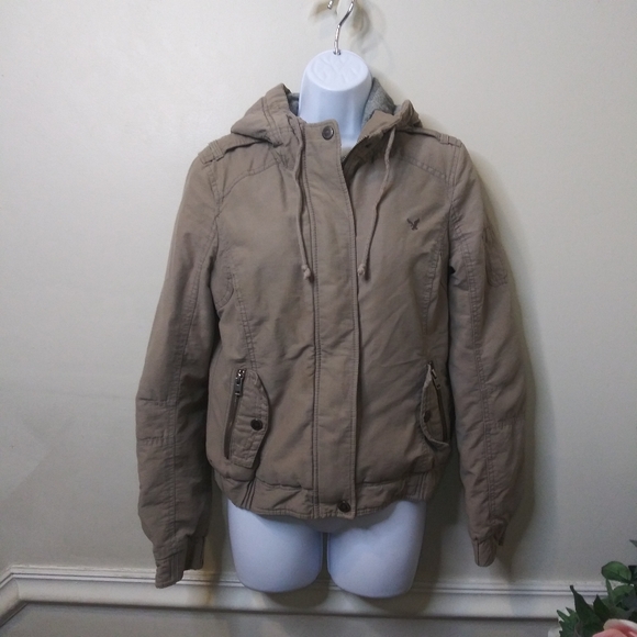American Eagle 2012 Women's Hooded Khaki Water Resistant Bomber Style Jacket - Picture 1 of 16